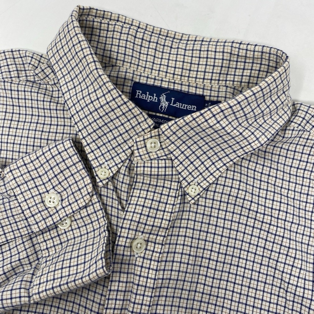 Ralph Lauren Button Down Mens 17.5 36/37 White Blue Tan Yarmouth Check Shirt